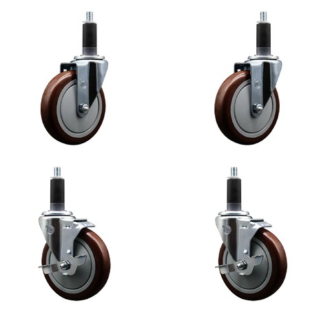 Service Caster 5'' SS Maroon Poly Wheel Swivel 1-1/8'' Expanding Stem Caster Set 2 Brakes, 4PK SCC-SSEX20S514-PPUB-MRN-2-TLB-2-118